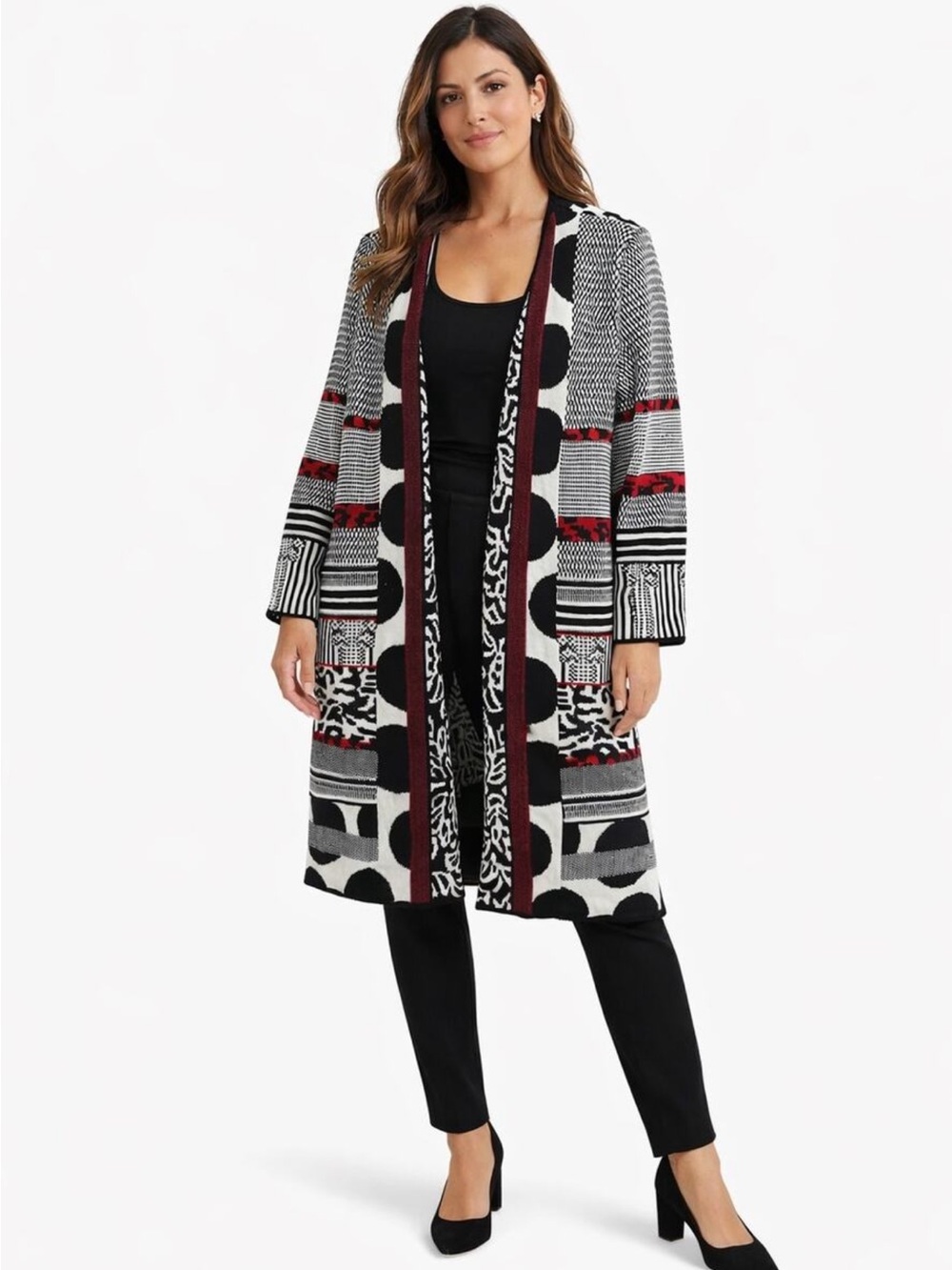 Chicos Natasha Cardigan Sweater Mixed Pattern Black Red White Duster 3/XL